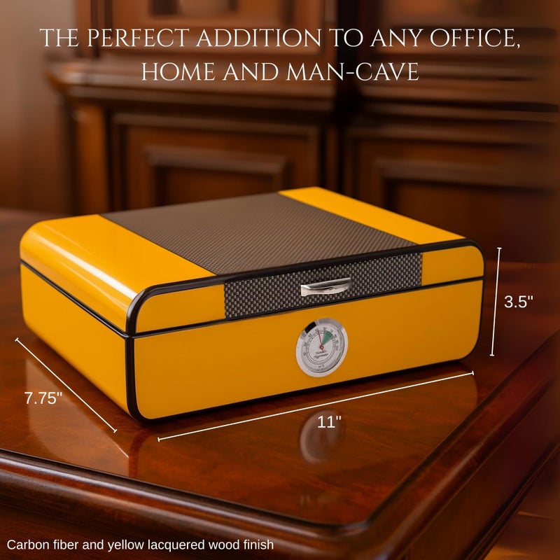 Bey-Berk Yellow Lacquered Cigar Humidor â€“ Holds 25 Cigars, Spanish Cedar Storage Box with Hygrometer, Chrome Accents - Image 2